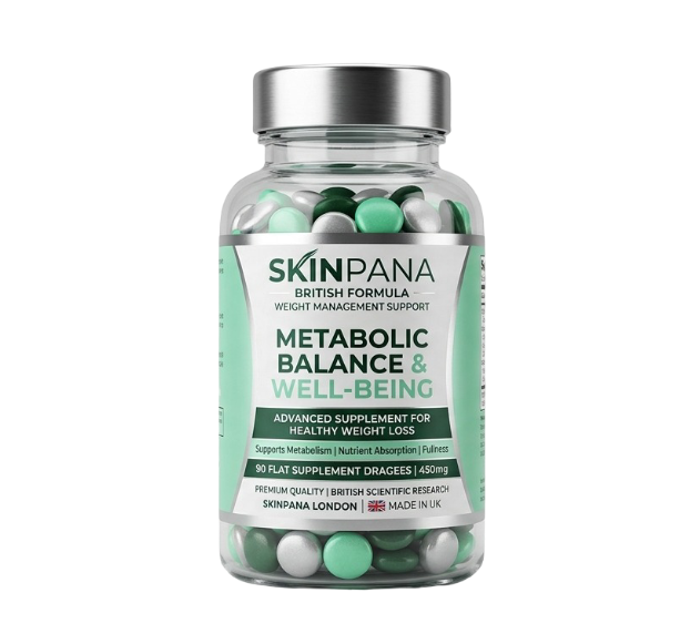 Skinpana supplement jar with a forest-green body and chrome lid